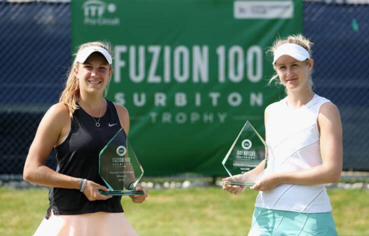 Ellen Perez and Jessica Moore with Fuzion 100 Surbiton Trophy on 8 June 2018 in London.